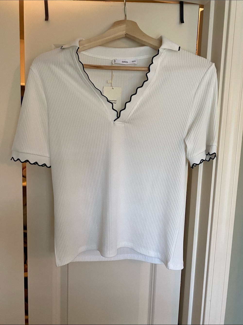 Mango White Ribbed Polo Top with Black Scallop Trim